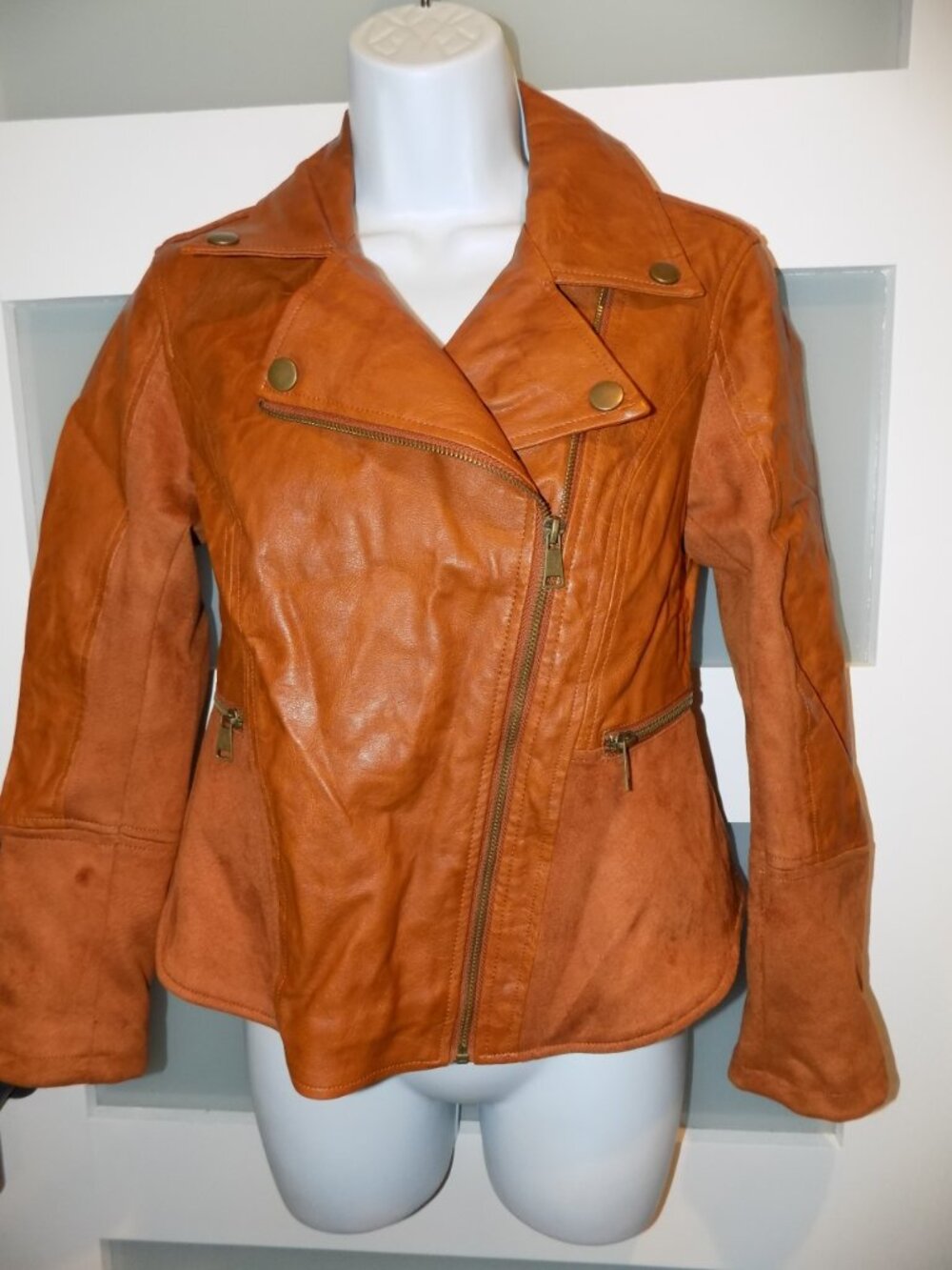 Anthropologie Robyn Faux Tan/Orange Leather Moto Jacket Size XSP WOMEN'S - Picture 2 of 3